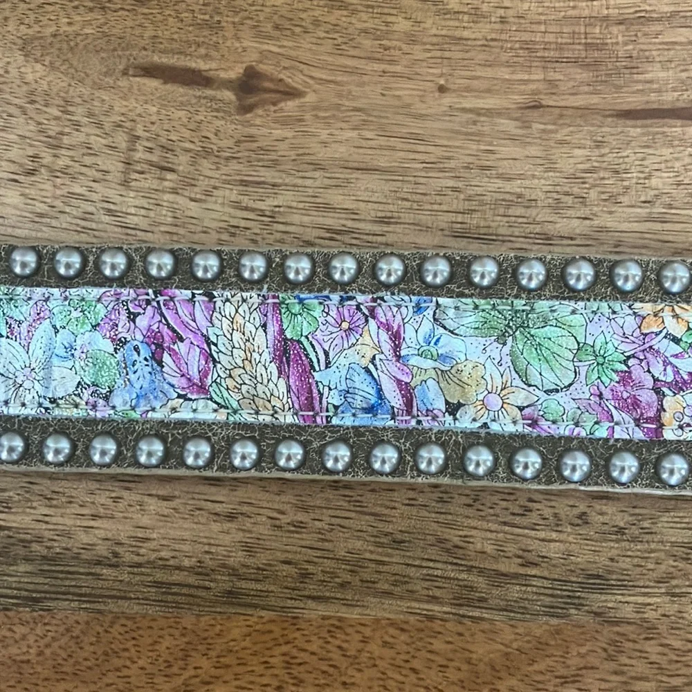 Leatherock 34”l Suede Floral Inlay Belt w/ Crystal Buckle Studded Boho hippie
